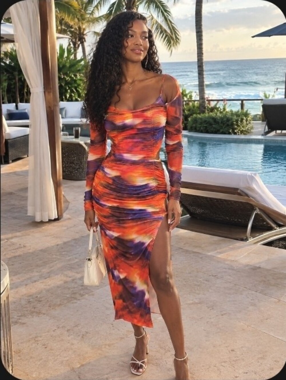 PrettyLittleThing Multicolor Mesh Ruched Maxi Dress Size 0 Cutout Slit